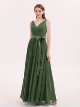 V-neck Chiffon Dresses with Satin Sash Bow Olive Green