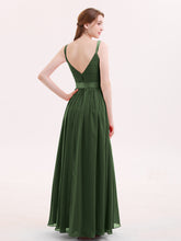 V-neck Chiffon Dresses with Satin Sash Bow Olive Green