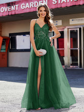 Spaghetti Straps V-neck Tulle Prom Dresses Dark Green
