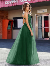 Spaghetti Straps V-neck Tulle Prom Dresses Dark Green