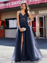 Spaghetti Straps V-neck Tulle Prom Dresses Dark Navy