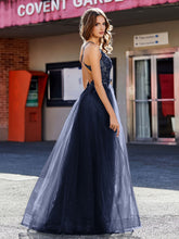 Spaghetti Straps V-neck Tulle Prom Dresses Dark Navy