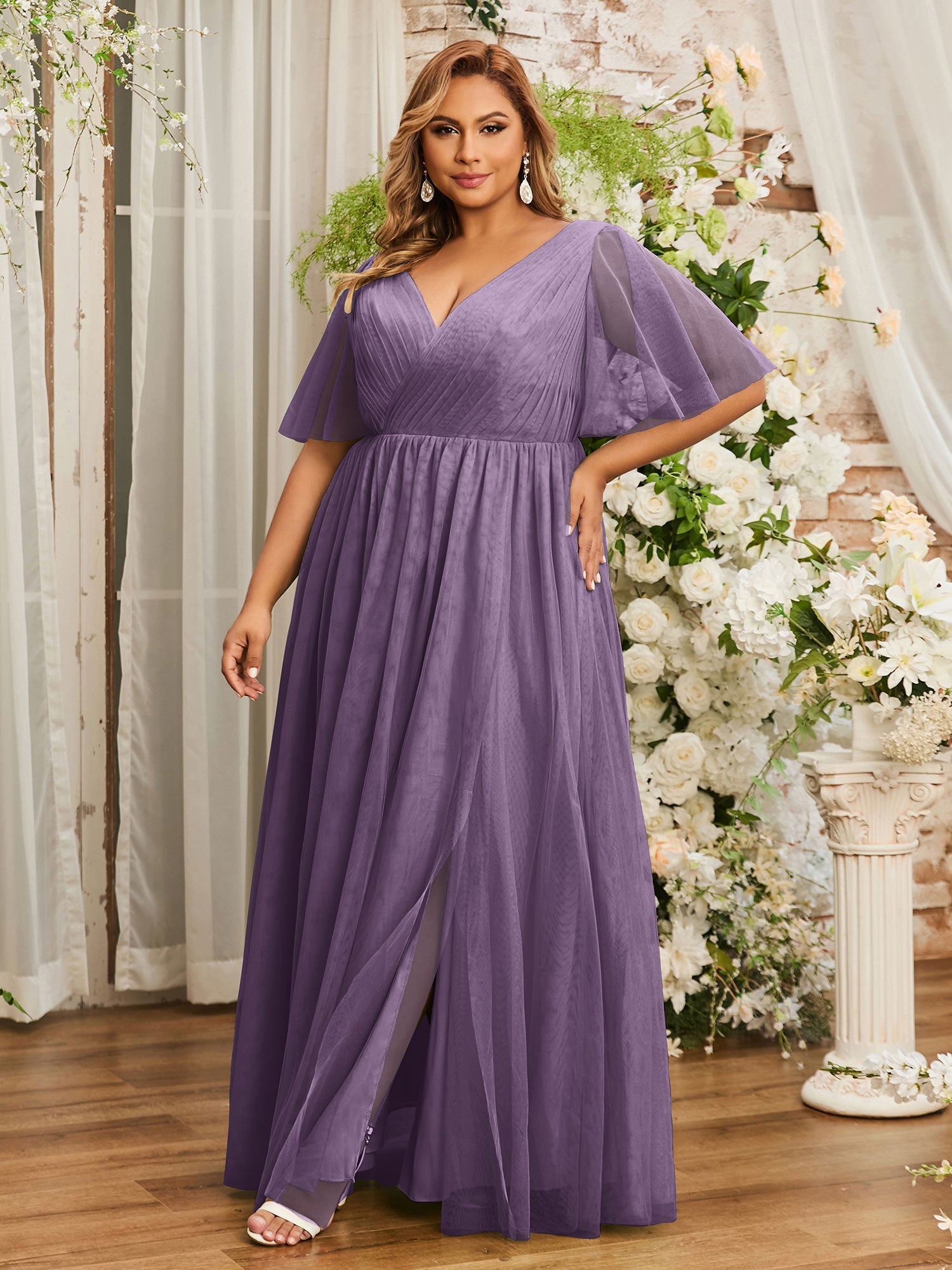 Bridesmaids Wedding Colors Plus Size Lavender Bridesmaid Dresses V-neck Long Tulle Dresses With Slit Plum BABARONI BABARONI UK Bridesmaids Wedding Colors Plus Size Lavender Bridesmaid Dresses V-neck Long Tulle Dresses With Slit Plum BABARONI BABARONI UK