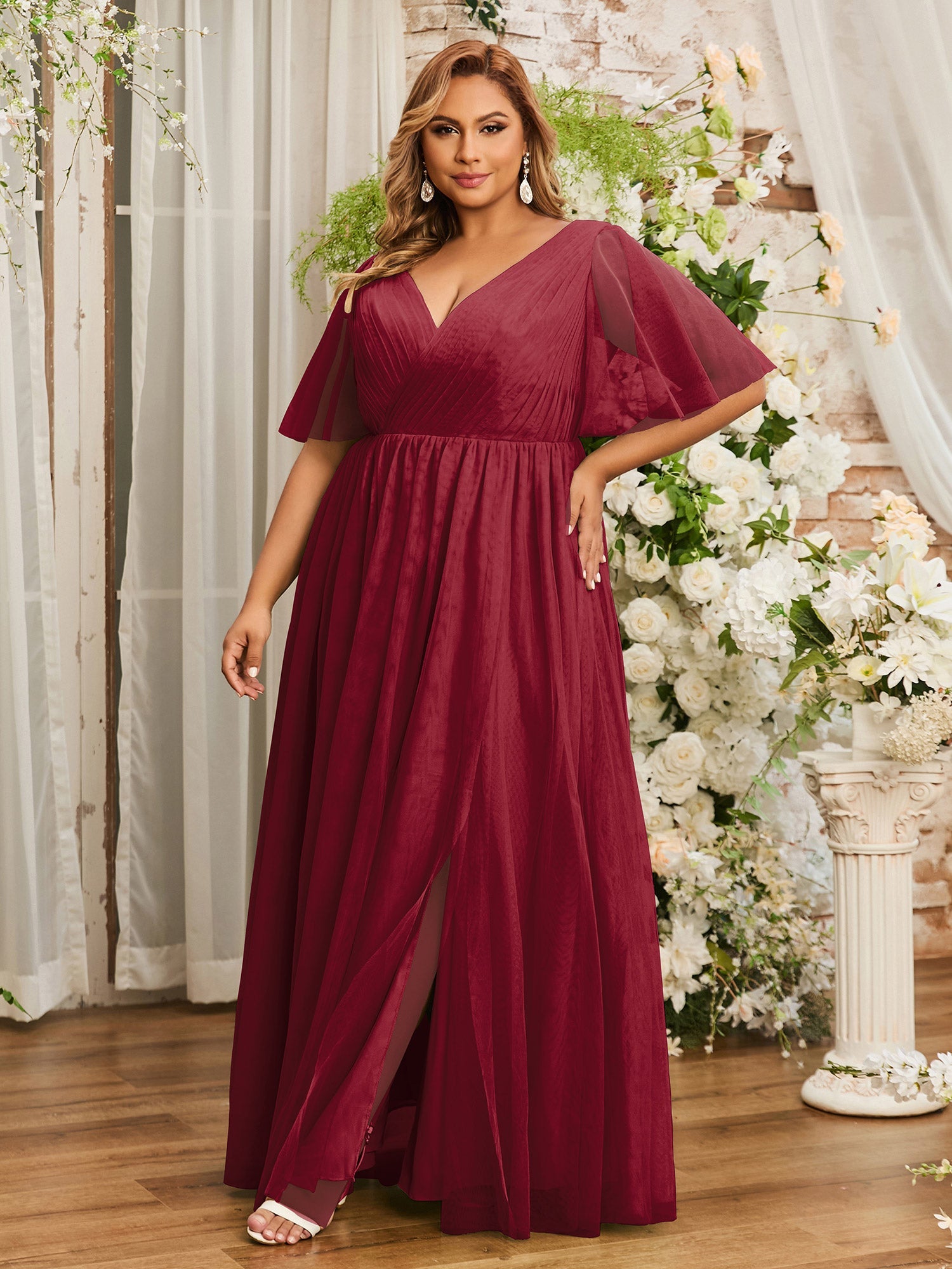 BABARONI Tulle Burgundy Bridesmaid Dresses A-line V-neck Sleeveless Floor- length With Slit – BABARONI UK