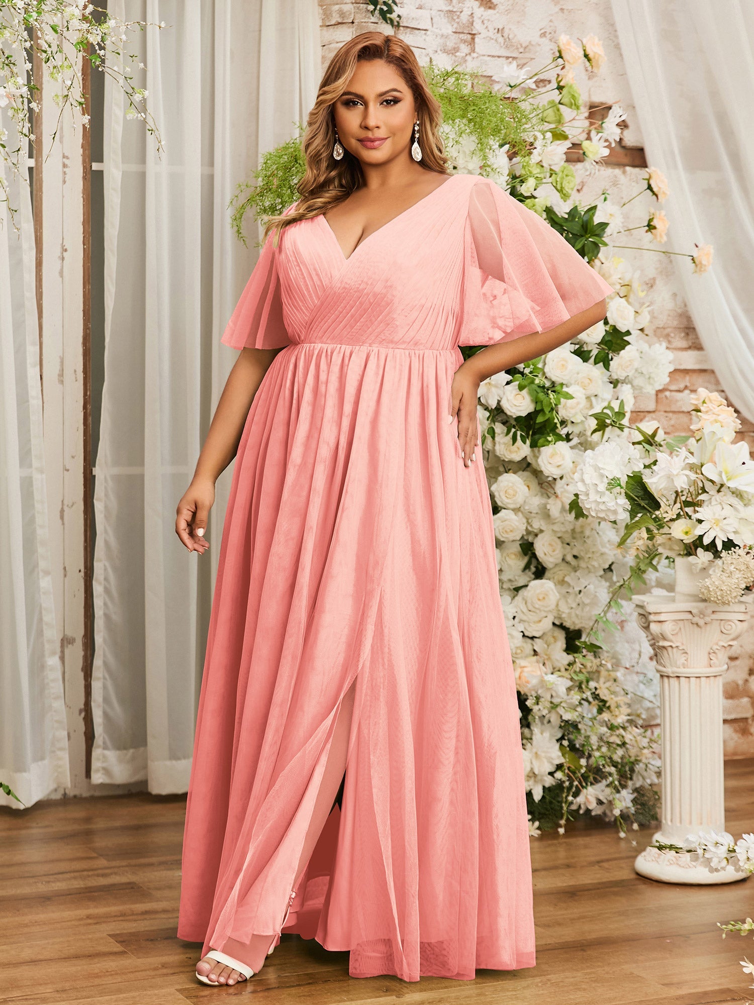 plus size coral bridesmaid dresses Sage Plus Size Bridesmaid Dresses 2026 A-Line V-Neck Short Sleeves Floor-Length Chiffon Formal Wedding Guest Gowns with Ruffles, Sage main image 1