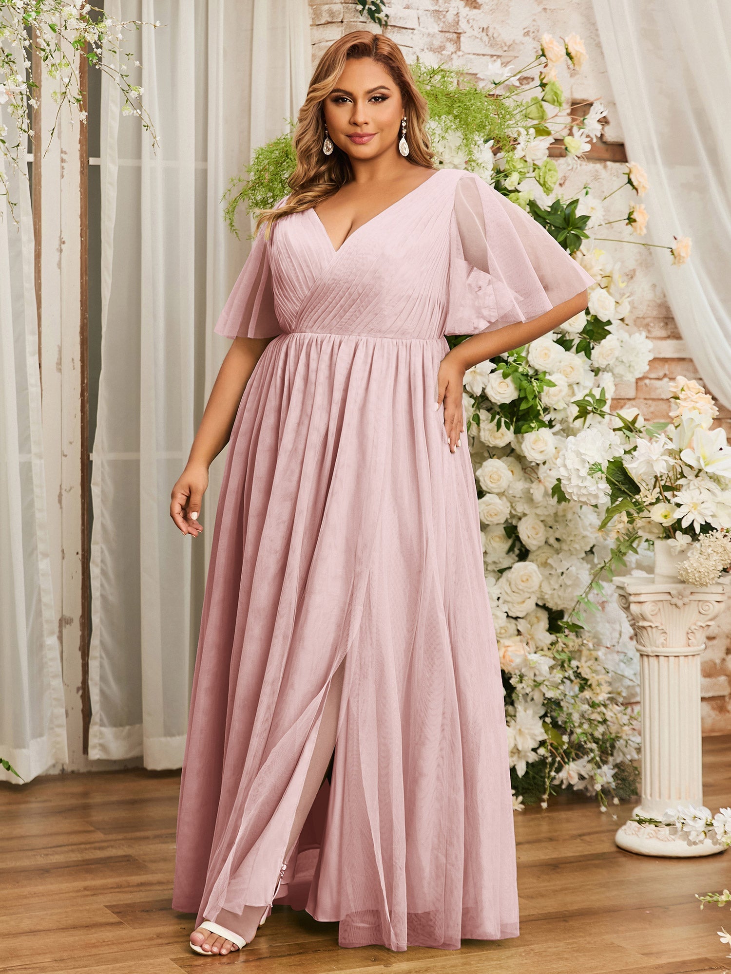 dusty rose bridesmaid dresses uk BABARONI Tulle A-line V-neck Sleeveless Floor-length With Slit – BABARONI SIZE:XS/S Debra Mother of the Bride Blush bridesmaid