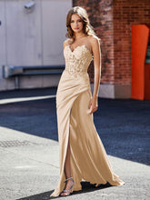 V-Neck Sweep Train Satin Prom Dresses With Pleated Champagne