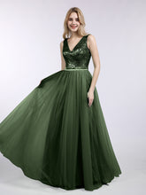 V-neck Sequins Top Tulle Skirt Long Dresses Olive Green