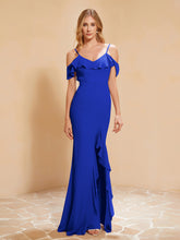 Flutter Sleeves Long Gown with Slit Royal Blue