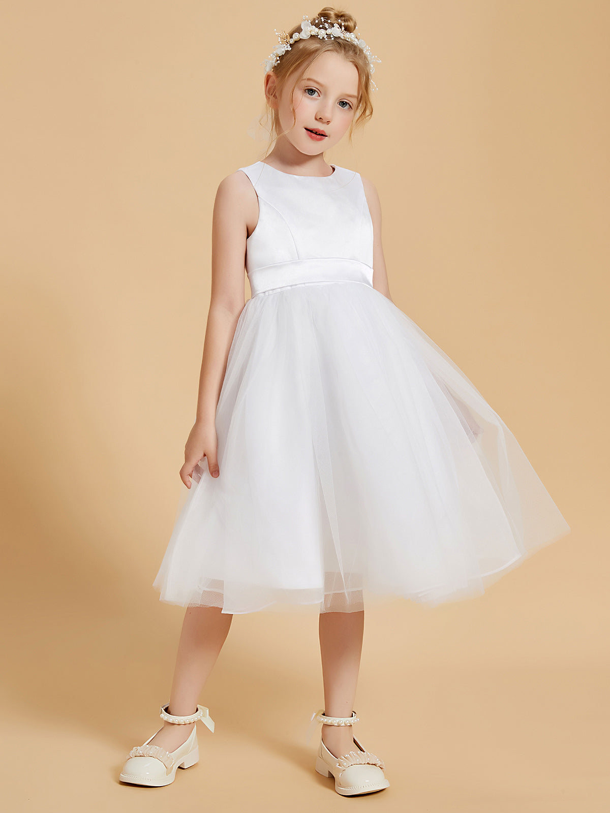 Knee Length Satin Tulle Flower Girl Dress Scoop Neckline BABARONI UK