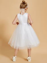 Knee Length Satin Tulle Flower Girl Dress Scoop Neckline