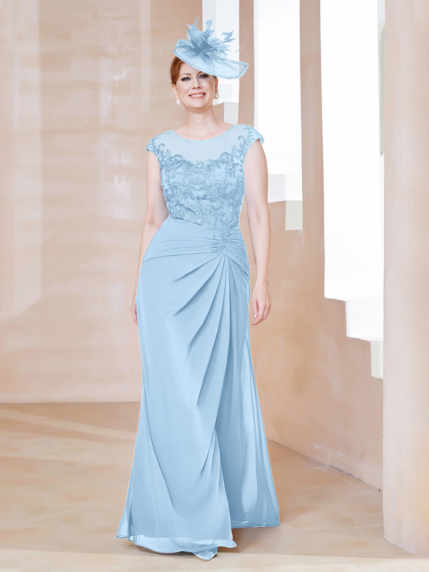 Lace And Chiffon Long Dress with Slit Sky Blue Plus Size