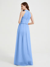 High Neck Full Length Dress with Slit Blue