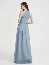 High Neck Full Length Dress with Slit Dusty Blue