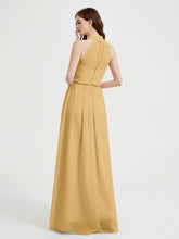 High Neck Full Length Dress with Slit Gold