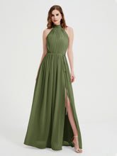 High Neck Full Length Dress with Slit Olive Green