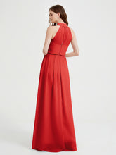 High Neck Full Length Dress with Slit Red