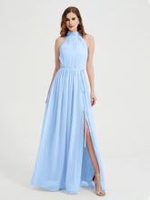 High Neck Full Length Dress with Slit Sky Blue