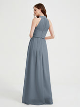 High Neck Full Length Dress with Slit Slate Blue