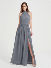 High Neck Full Length Dress with Slit Steel Grey