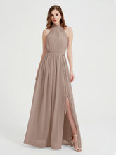 High Neck Full Length Dress with Slit Taupe