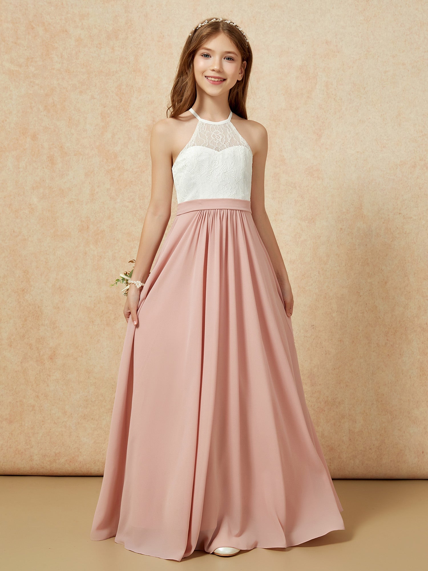 Lace Top Halter Neck Chiffon Long Junior Bridesmaid Dress Dusty Blue main image 1