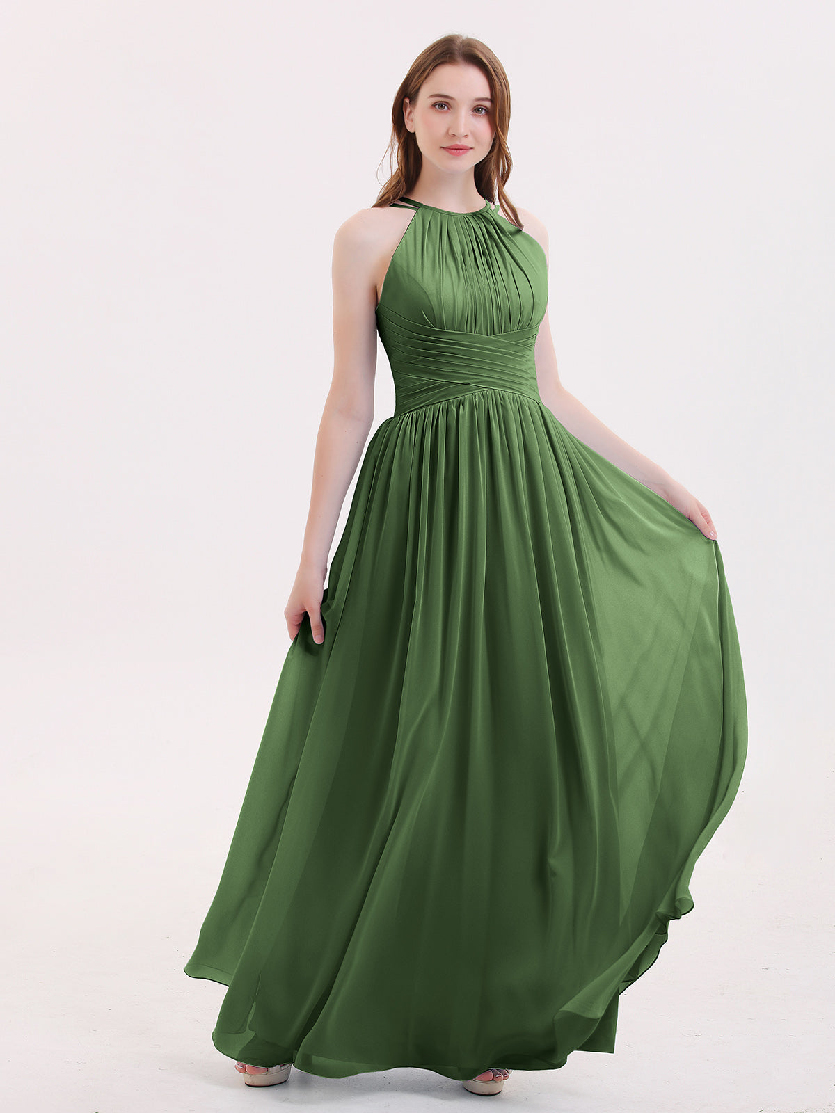 Long Halter Chiffon Dress with Back Double Straps Lime Green