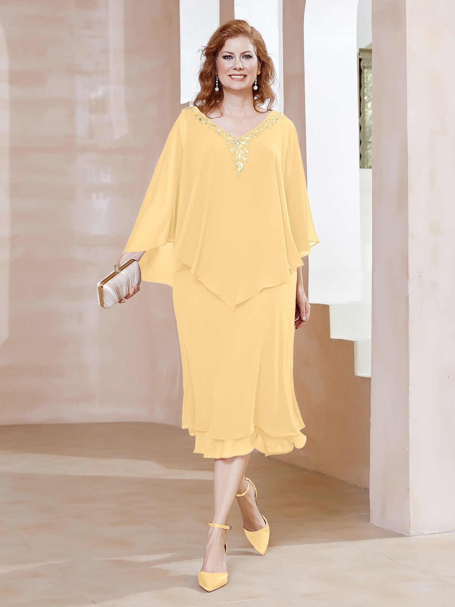 Long Chiffon Dress with V Neck and Bow Straps Gold