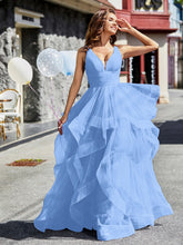 Princess V-Neck Floor-length Tulle Prom Dresses Blue