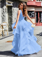 Princess V-Neck Floor-length Tulle Prom Dresses Blue