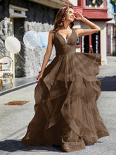 Princess V-Neck Floor-length Tulle Prom Dresses Brown
