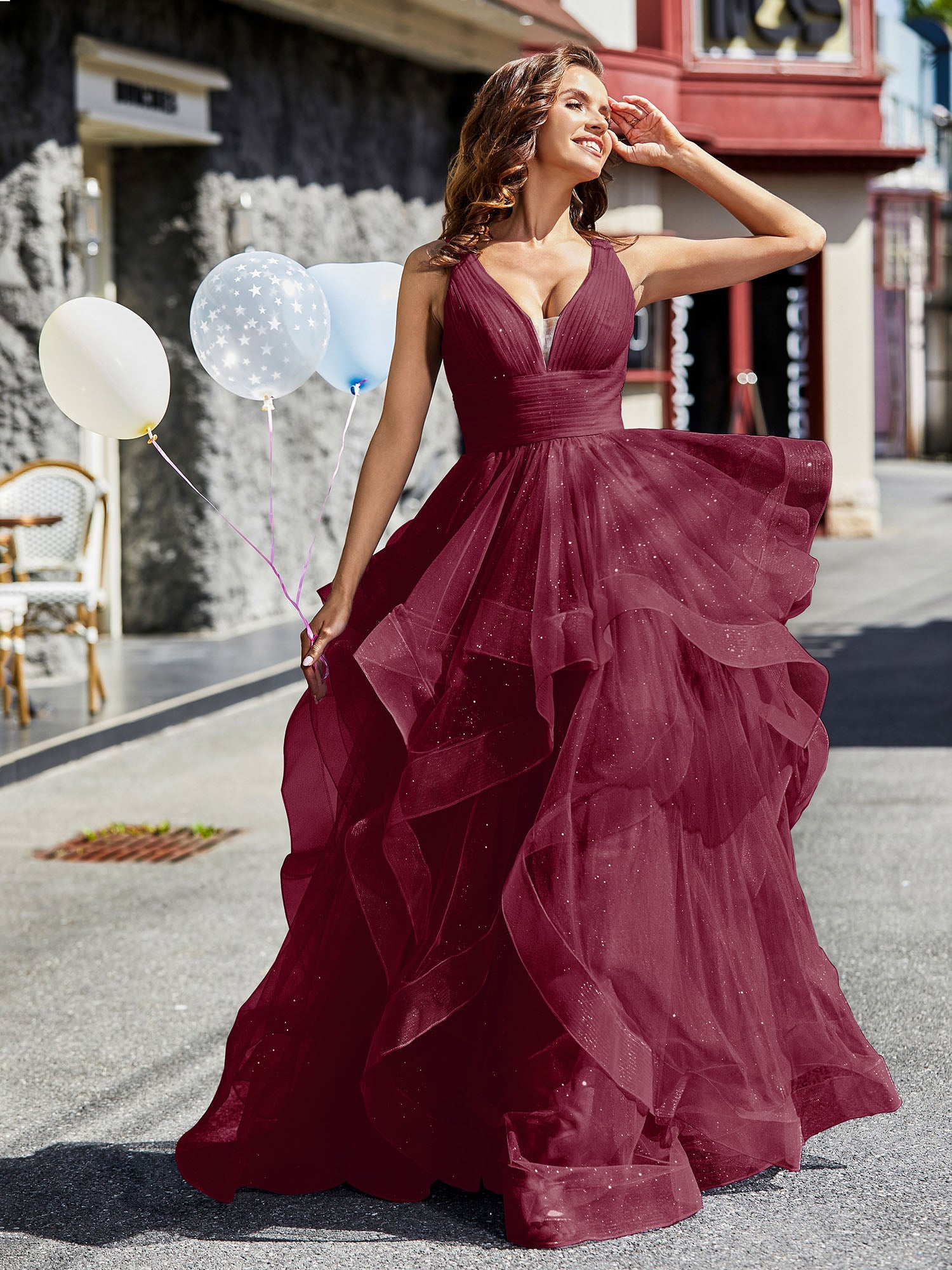 Princess V-Neck Floor-length Tulle Prom Dresses Burgundy – BABARONI UK