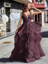 Princess V-Neck Floor-length Tulle Prom Dresses Cabernet