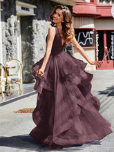 Princess V-Neck Floor-length Tulle Prom Dresses Cabernet