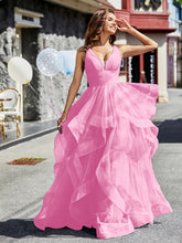 Princess V-Neck Floor-length Tulle Prom Dresses Candy Pink