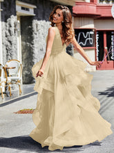 Princess V-Neck Floor-length Tulle Prom Dresses Champagne