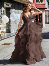 Princess V-Neck Floor-length Tulle Prom Dresses Chocolate