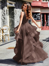 Princess V-Neck Floor-length Tulle Prom Dresses Chocolate