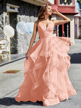 Princess V-Neck Floor-length Tulle Prom Dresses Coral