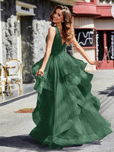 Princess V-Neck Floor-length Tulle Prom Dresses Dark Green