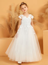 Floral Appliqued V-neck Ball Gown Tulle Flower Girl Dress
