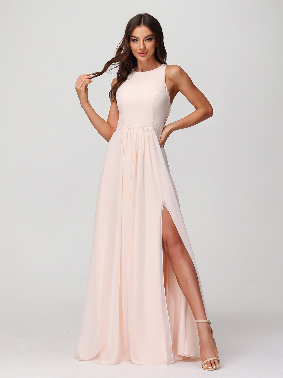Chiffon Halter Open Back Long Dresses with Slit Emerald
