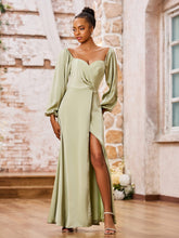A-line Sweetheart Neck Long Sleeves High Slit Dresses Dusty Sage