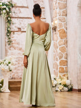 A-line Sweetheart Neck Long Sleeves High Slit Dresses Dusty Sage