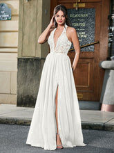 Stunning Halter Appliqued Corset High Slit Maxi Dress Ivory