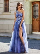 A-line One Shoulder Floor-Length Tulle Prom Dresses Stormy