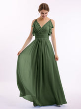 Spaghetti Strap Chiffon Dresses with Shoulder Ruffles Olive Green