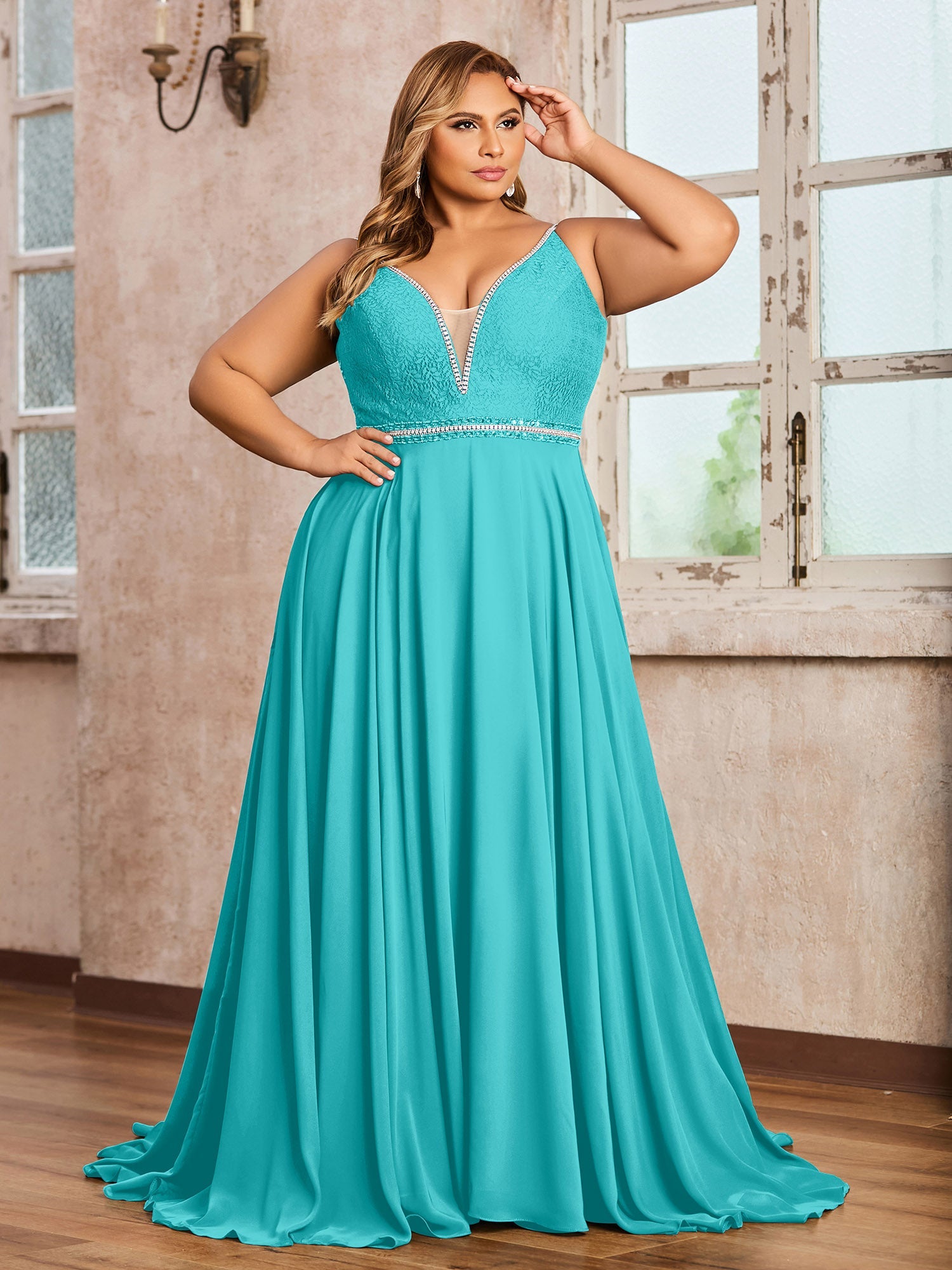 Spaghetti Strap Chiffon Dress with Lace Top Pool Plus Size