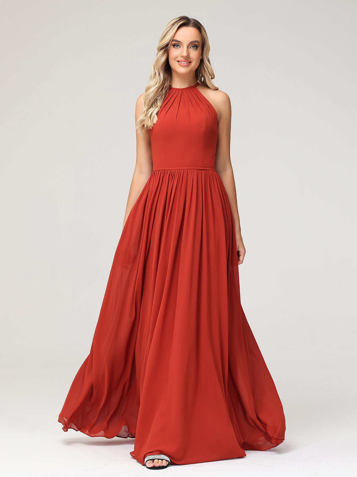 BABARONI Chiffon Rust Bridesmaid Dresses A-line Halter Sleeveless Floor