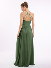 Long Halter Chiffon Dress with Back Double Straps Olive Green
